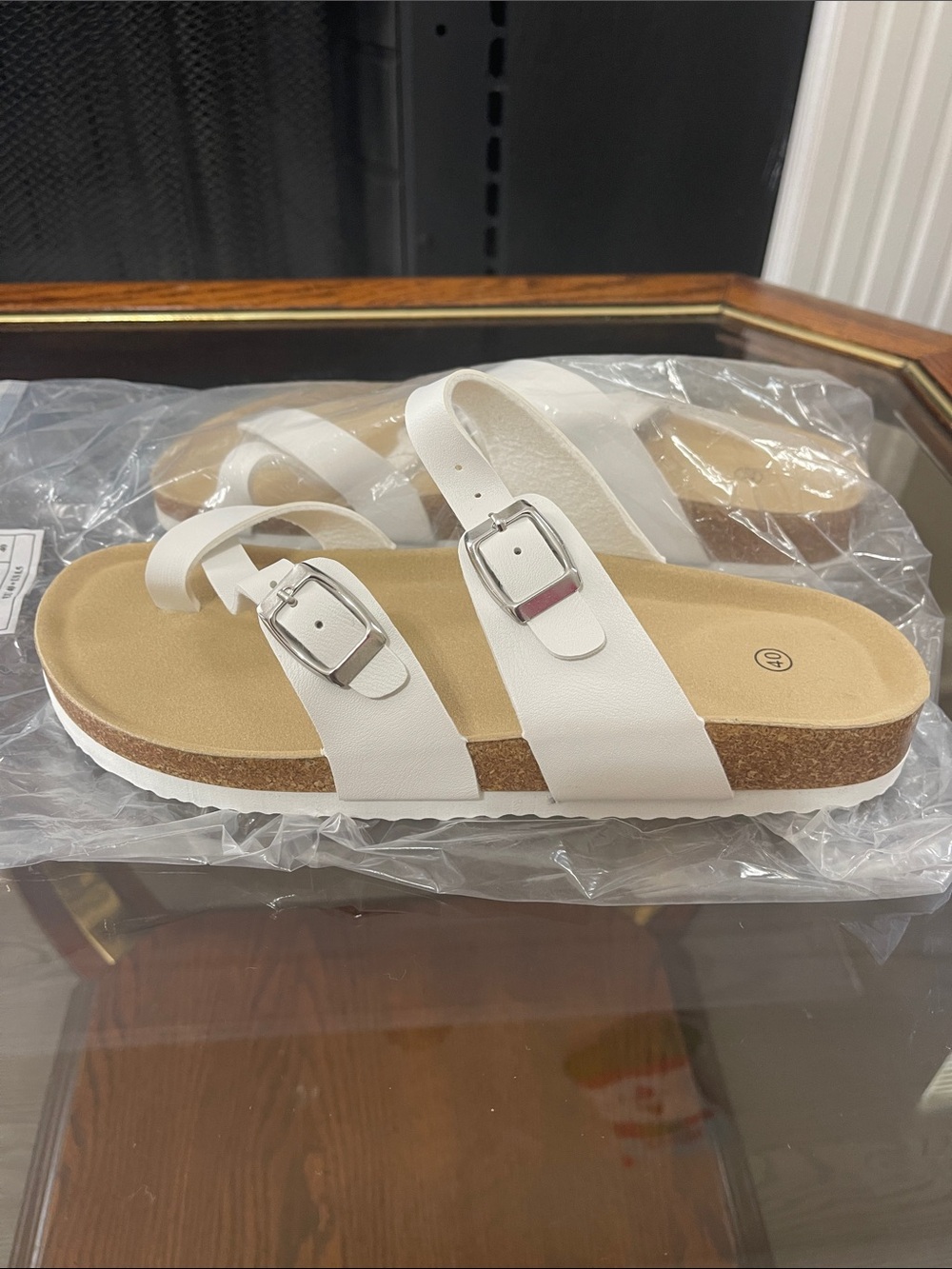Women’s White Double-Buckle Cork Slide Sandals